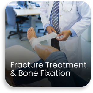 Orthopedic doctor applying fracture treatment and bone fixation to a patient’s leg at a bone and joint care hospital