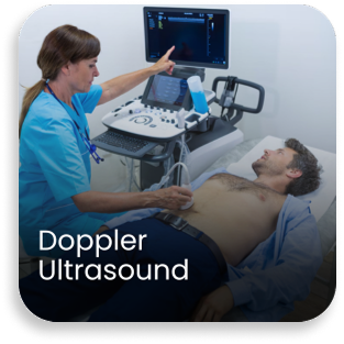 Technician performing Doppler ultrasound examination as part of advanced radiology services in a hospital