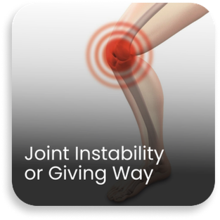 Illustration of knee joint with highlighted red pain area indicating joint instability or giving way, commonly caused by ligament injury such as ACL tear requiring orthopaedic evaluation and possible arthroscopy treatment.