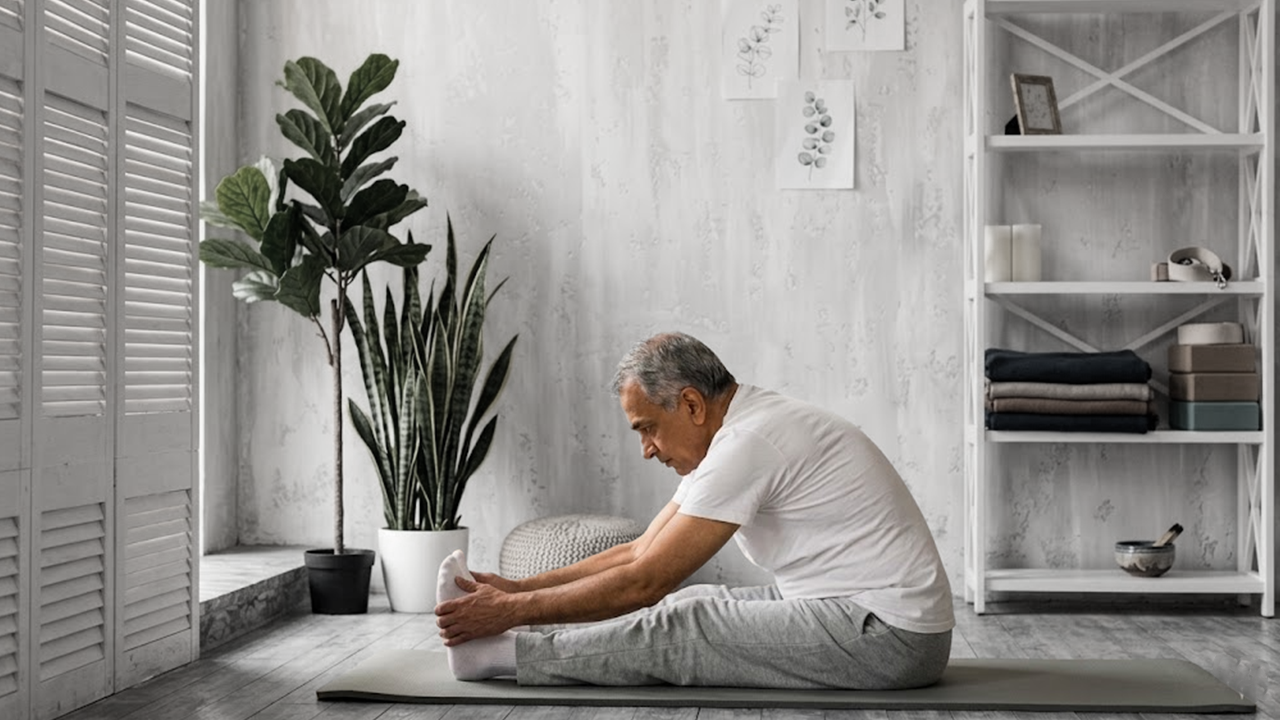 Senior man performing stretching exercise at home during partial knee replacement recovery, illustrating rehabilitation and physiotherapy after partial knee replacement operation for faster mobility and pain relief