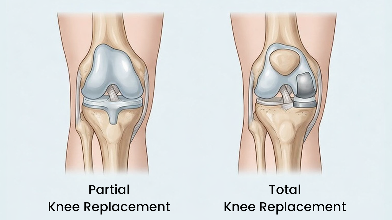 Illustration comparing partial knee replacement and total knee replacement, showing single-compartment implant in partial knee replacement procedure versus full joint resurfacing in total knee replacement surgery for advanced arthritis patients