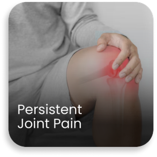Person holding knee with highlighted red pain area indicating persistent joint pain, a common symptom of knee injury, arthritis, or chronic orthopaedic conditions requiring medical evaluation.