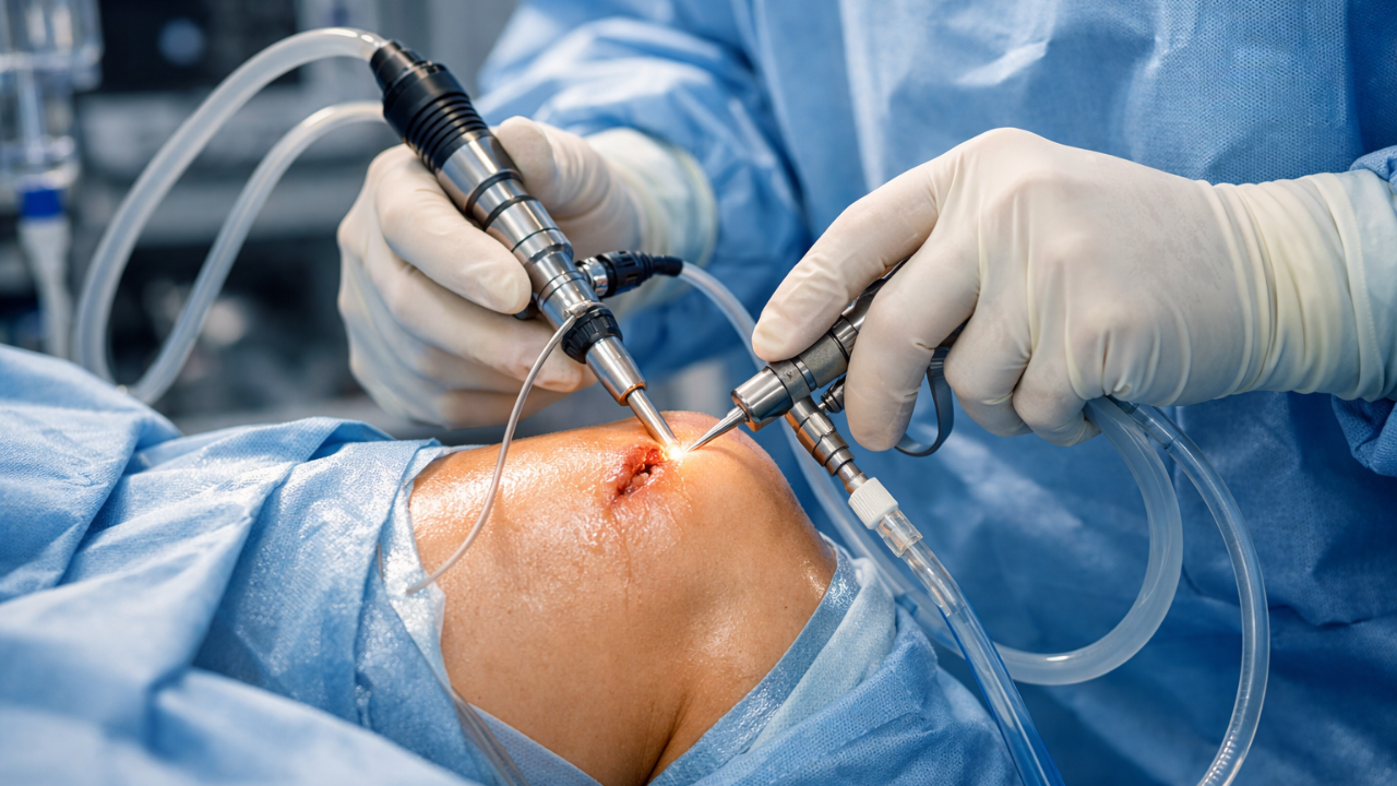 Doctor performing knee arthroscopy surgery using arthroscope camera and surgical instruments for minimally invasive knee treatment at Aditya Hospital Rewari