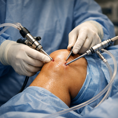 Orthopaedic surgeon performing arthroscopy surgery on knee joint using a tiny camera and specialized instruments through small incisions, demonstrating minimally invasive keyhole surgery for joint repair at Aditya Hospital.