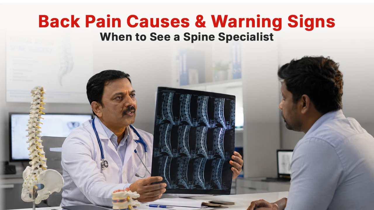Spine specialist explaining MRI scan to patient with severe back pain, slipped disc symptoms and spinal stenosis symptoms, highlighting spinal cord compression and causes of lower back pain in females.