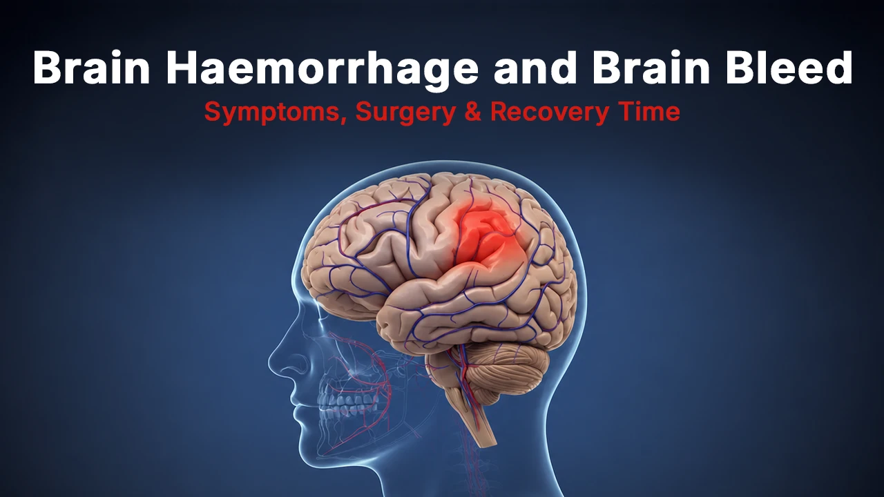 Illustration of brain haemorrhage showing a blood leak in the brain with highlighted bleeding area, explaining brain bleed symptoms, surgery, causes and recovery time.