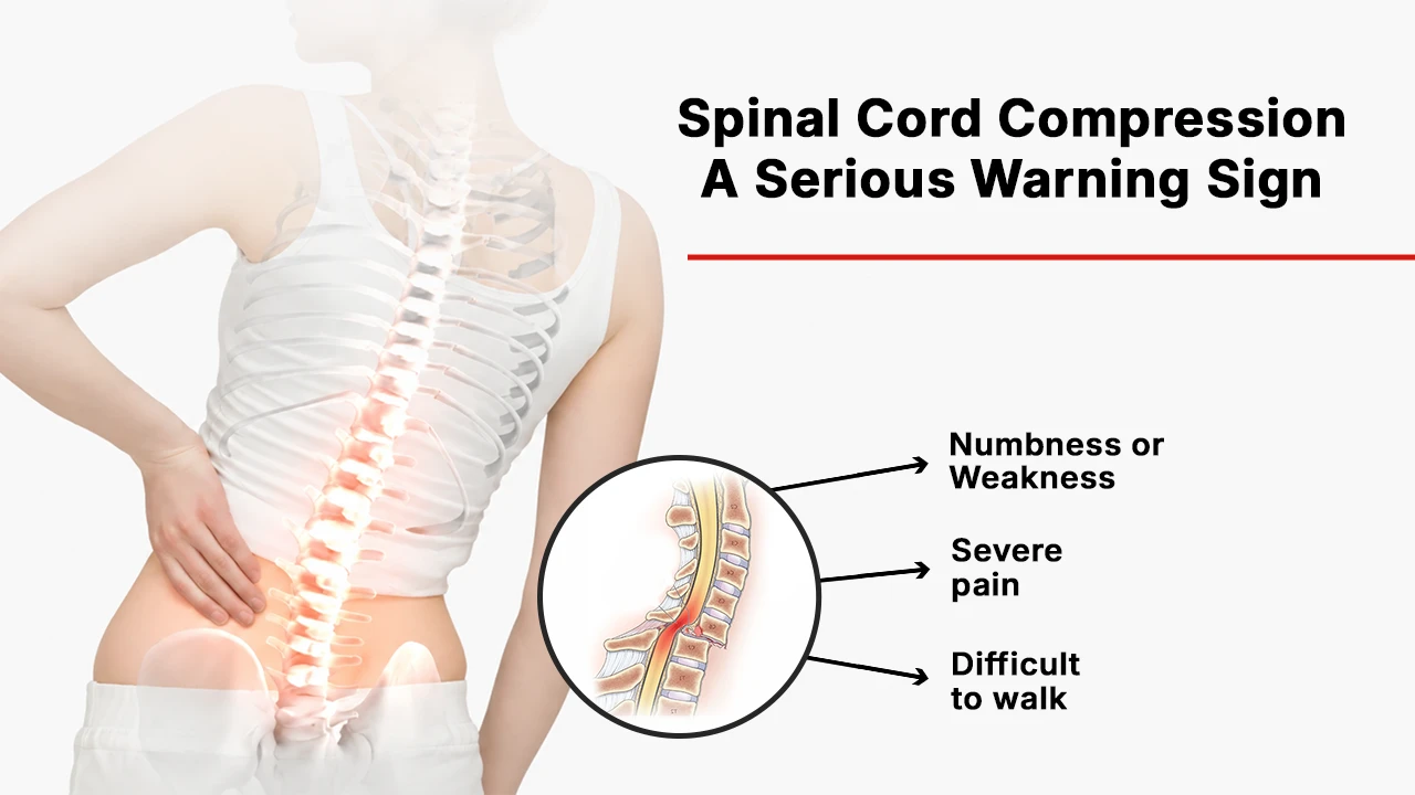 Medical illustration showing spinal cord compression causing severe back pain, numbness, weakness and difficulty walking, highlighting symptoms of spinal cord compression and when to see a spine specialist or neurosurgeon for back pain causes.