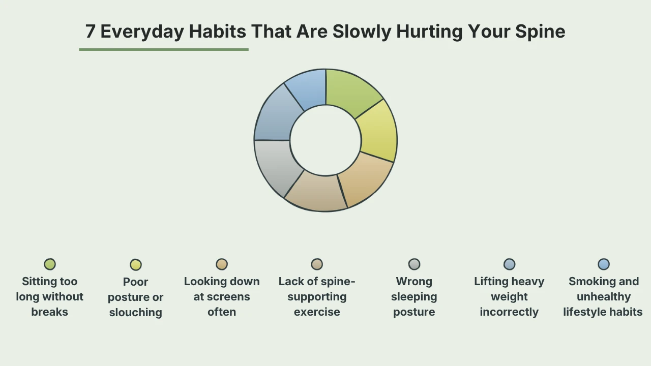 Infographic showing 7 everyday habits that hurt your spine, including prolonged sitting, poor posture, looking down at screens, lack of exercise, wrong sleeping posture, incorrect heavy lifting, and unhealthy lifestyle habits.