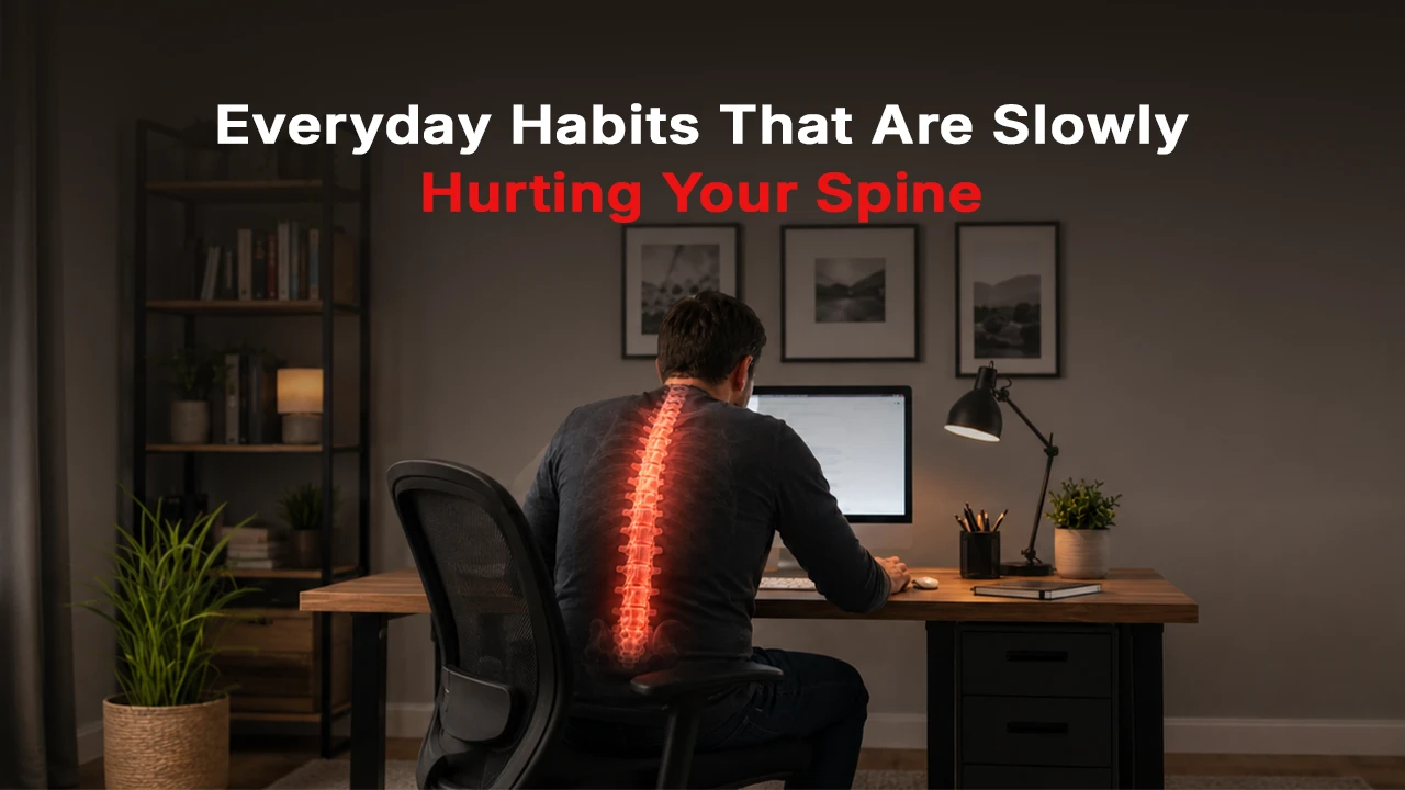 Man sitting with poor posture at a desk with a highlighted spine, showing everyday habits that hurt your spine and cause back pain.