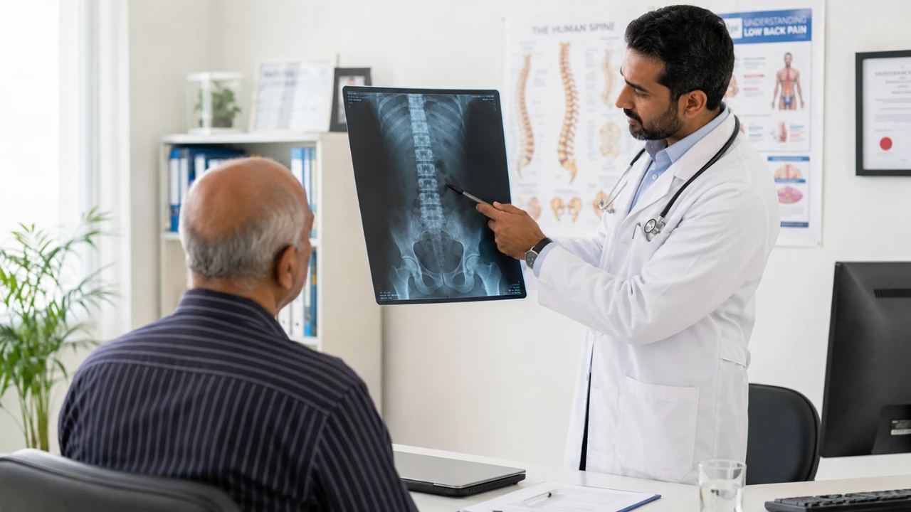 Spine specialist explaining an X-ray to an older patient, highlighting when recurring back pain, neck pain, or spine problems from everyday habits need medical attention.