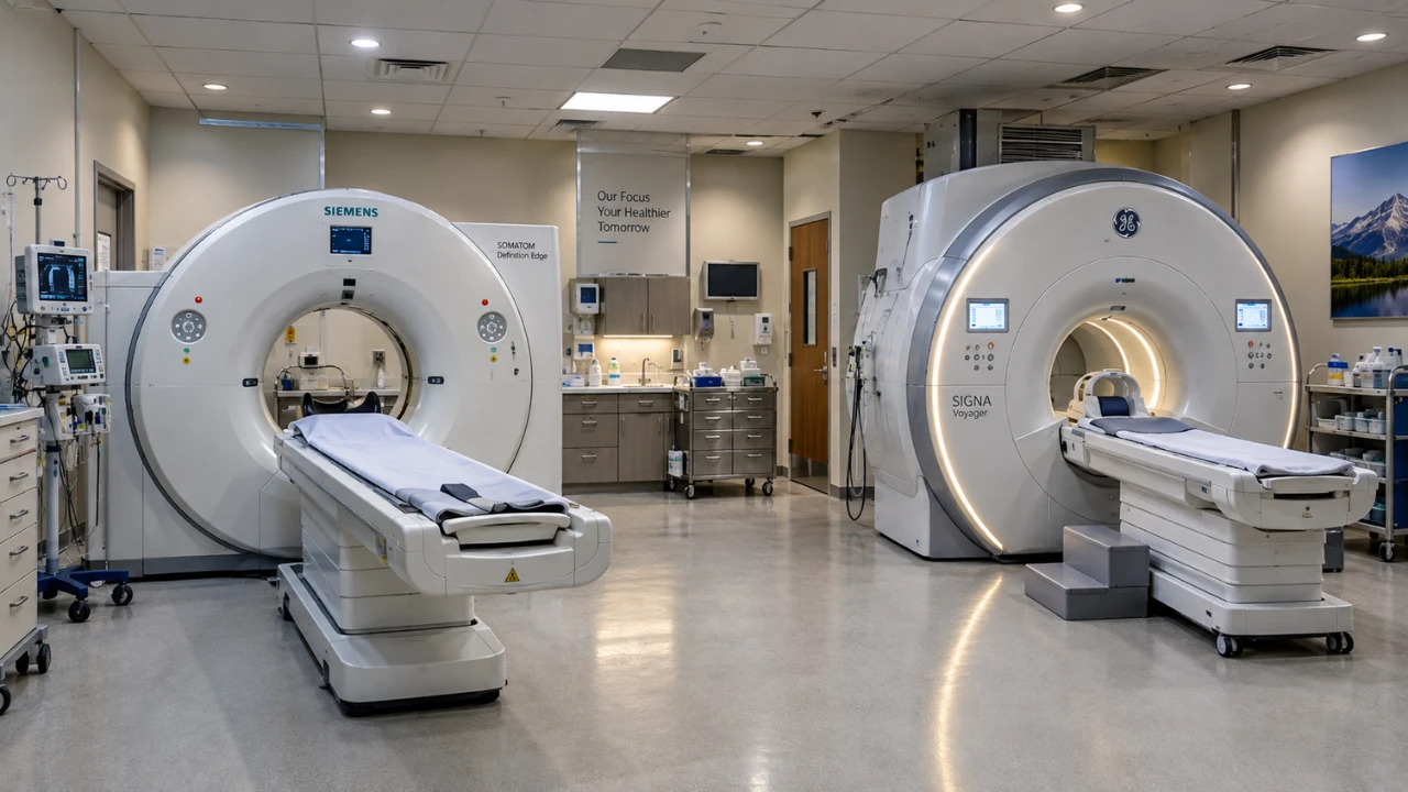 CT scanner and MRI scanner side by side in a hospital imaging room, showing the difference between a CT scan and an MRI scan